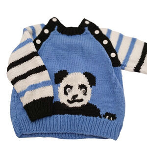 Vintage Baby Panda Sweater Blue Knit Striped Sleeves Googly Eyes Button Shoulder